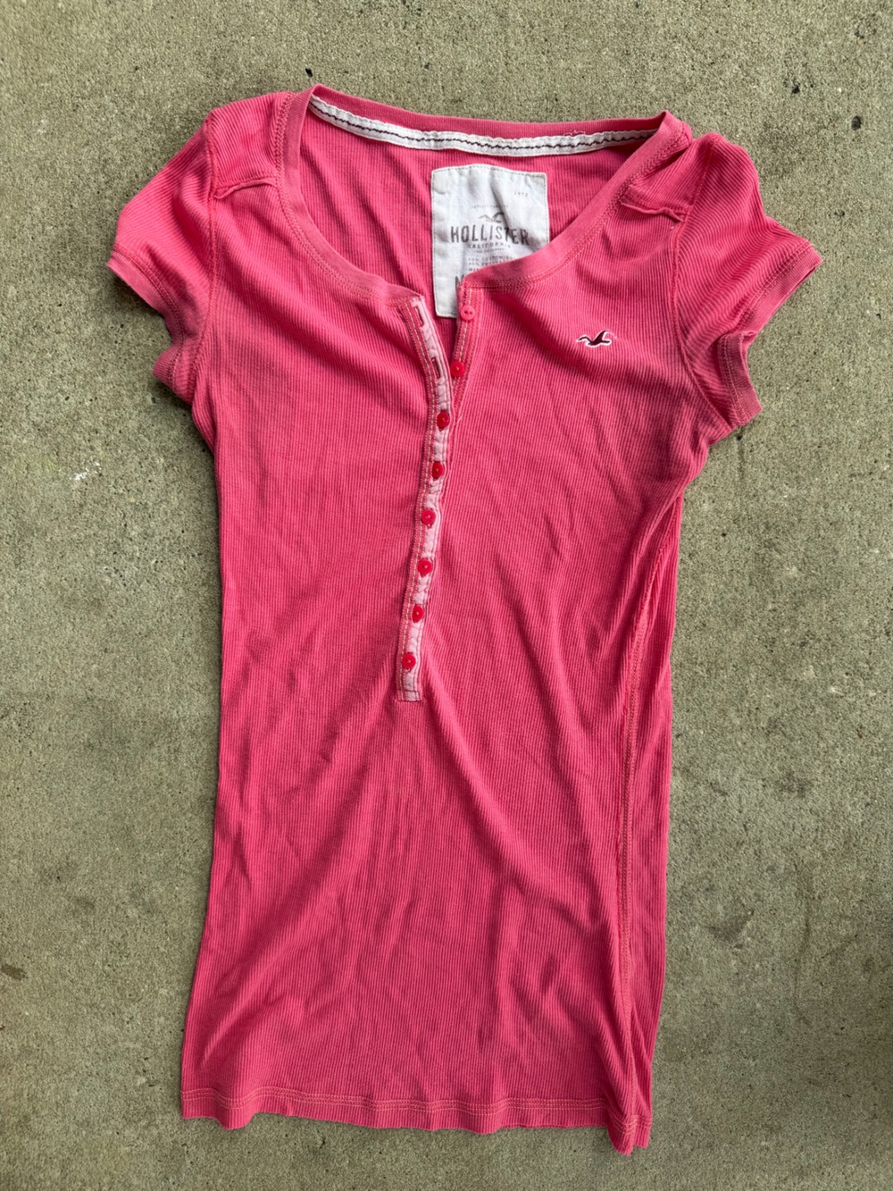Vintage Hollister Bright Pink Ribbed Polo Tee with Embroidered Seagull